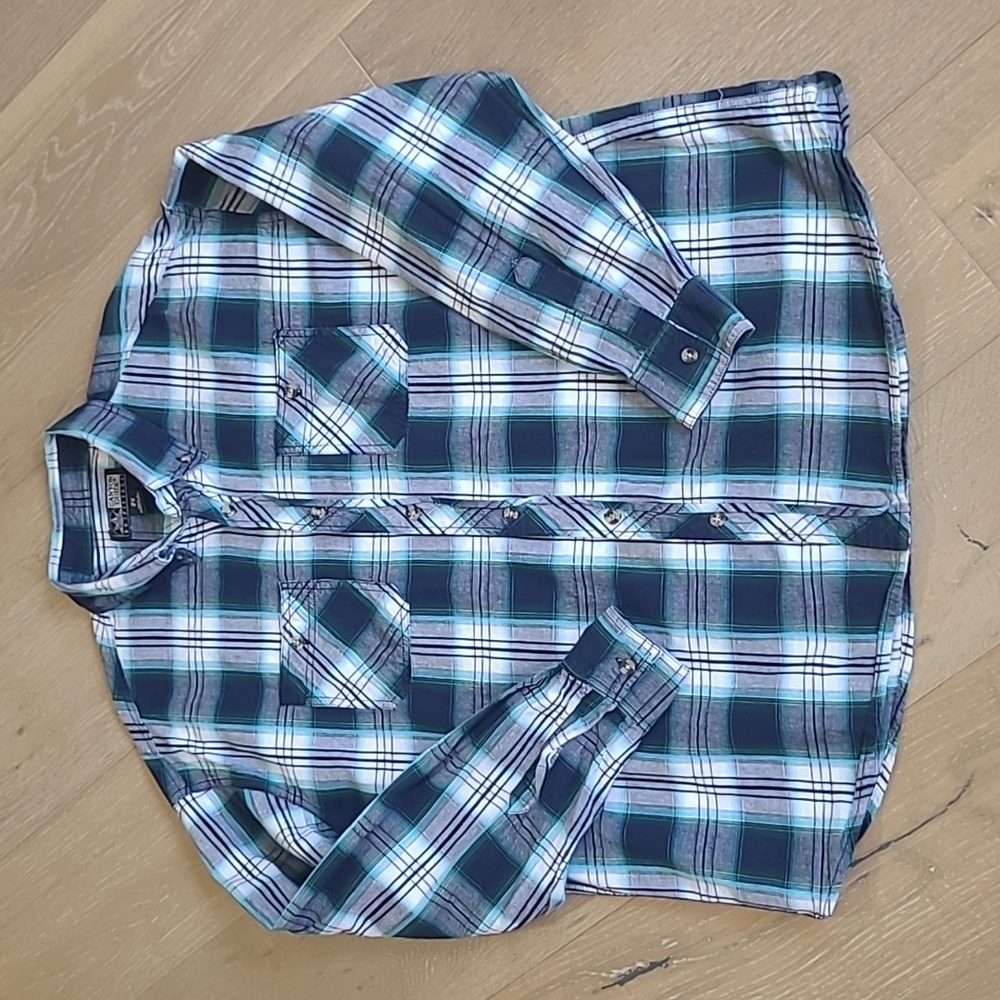 Canyon Guide Outfitter's Flannel Men's sz 2X Teal Grey Plaid Button Down Shirt